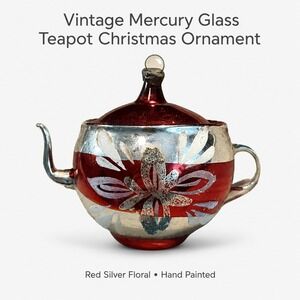 Vintage Mercury Glass Teapot Christmas Ornament Red Silver Floral Hand Painted
